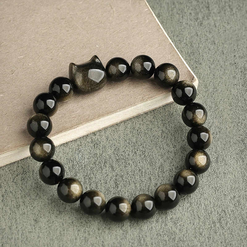 Buddha Stones Gold Sheen Obsidian Silver Sheen Obsidian Lovely Paw Lucky Cat Protection Bracelet - Gold Sheen Obsidian - Cat Head - 10mm - image 12