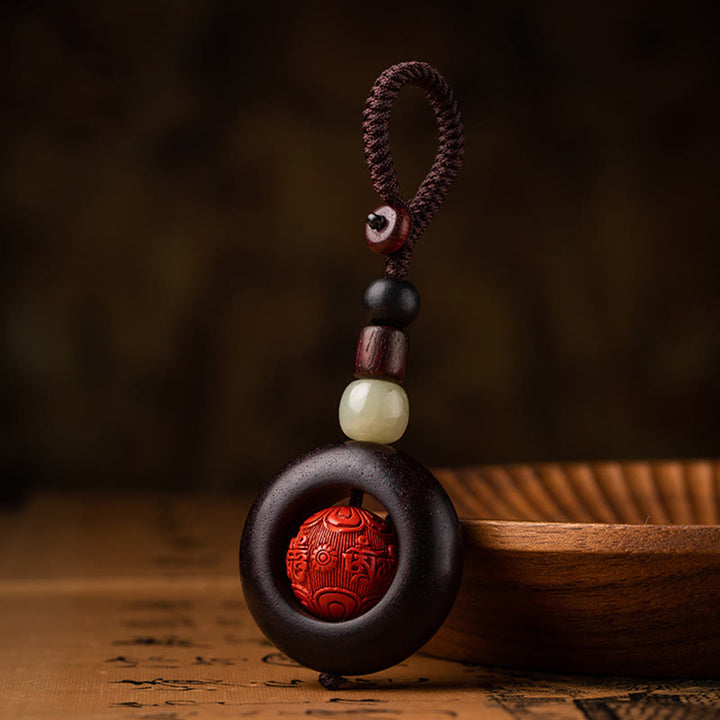 Buddha Stones Tibet Om Mani Padme Hum PiXiu Copper Coin Small Leaf Red Sandalwood Cinnabar Protection Key Chain - image 2