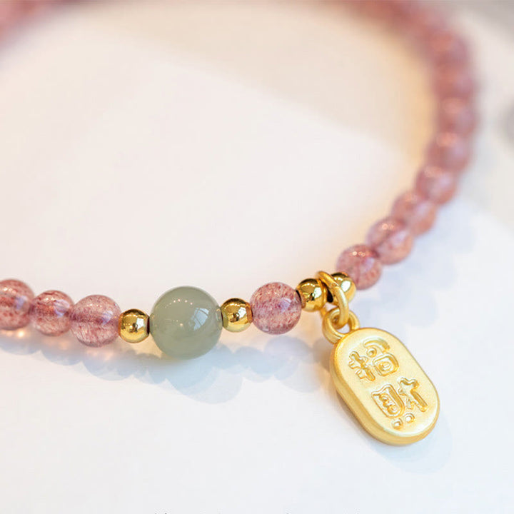 Buddha Stones Natural Strawberry Quartz Garnet Jade Lucky Fortune Fu Character Healing Charm Bracelet - image 3