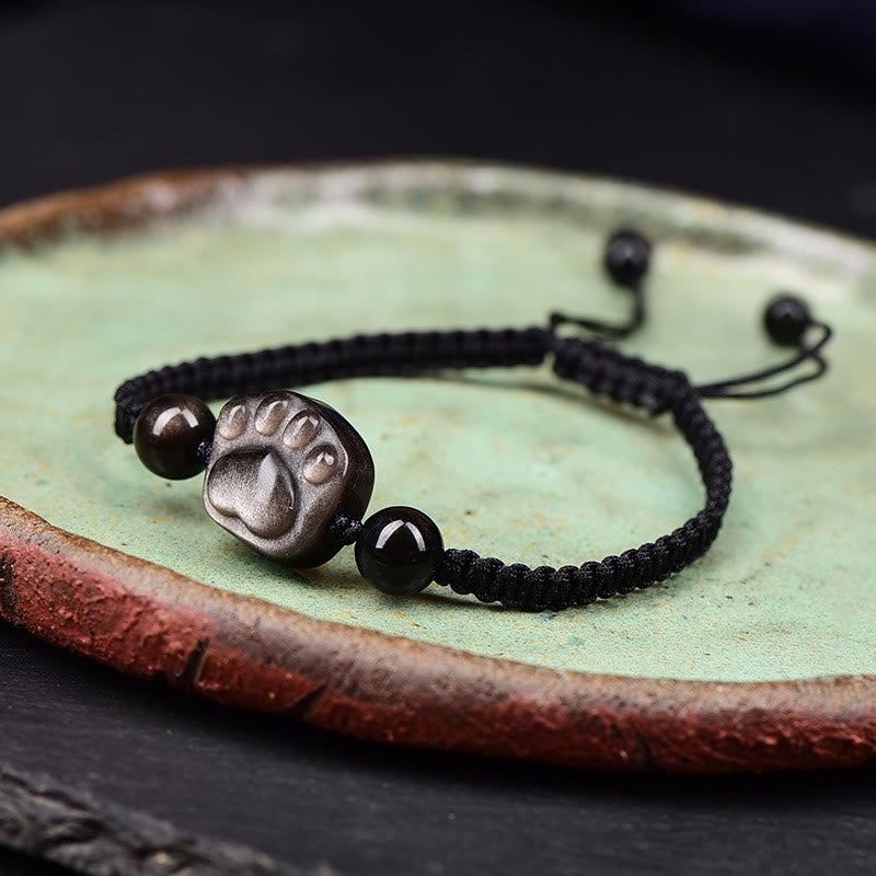 Buddha Stones Natural Silver Sheen Obsidian Gold Sheen Obsidian Cute Cat Paw Claw Protection Rope Bracelet - image 7