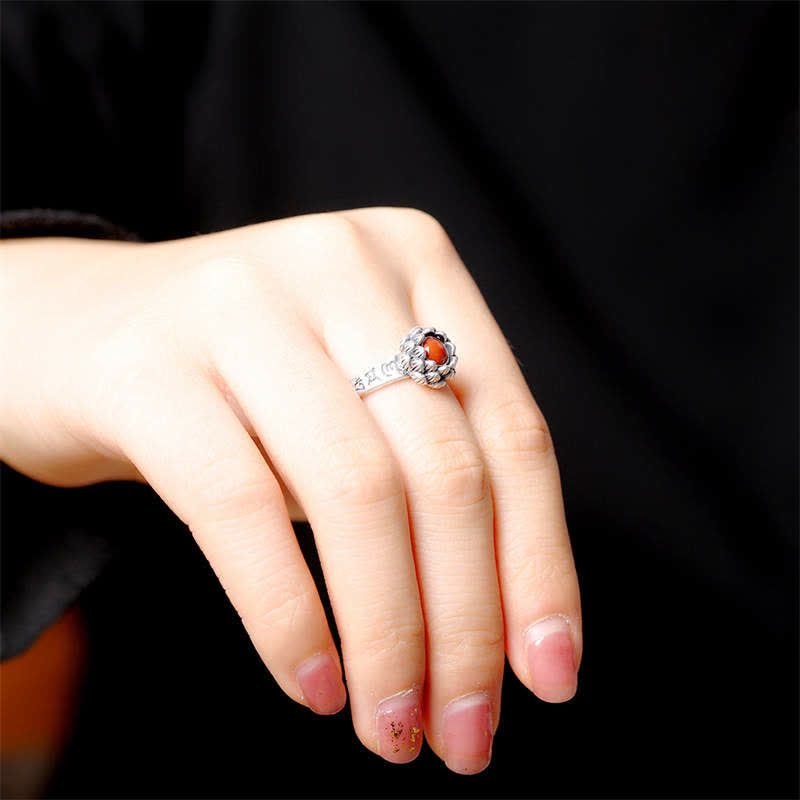 Buddha Stones925 Sterling Silver Lotus Red Agate Confidence Blessing Ring - image 4
