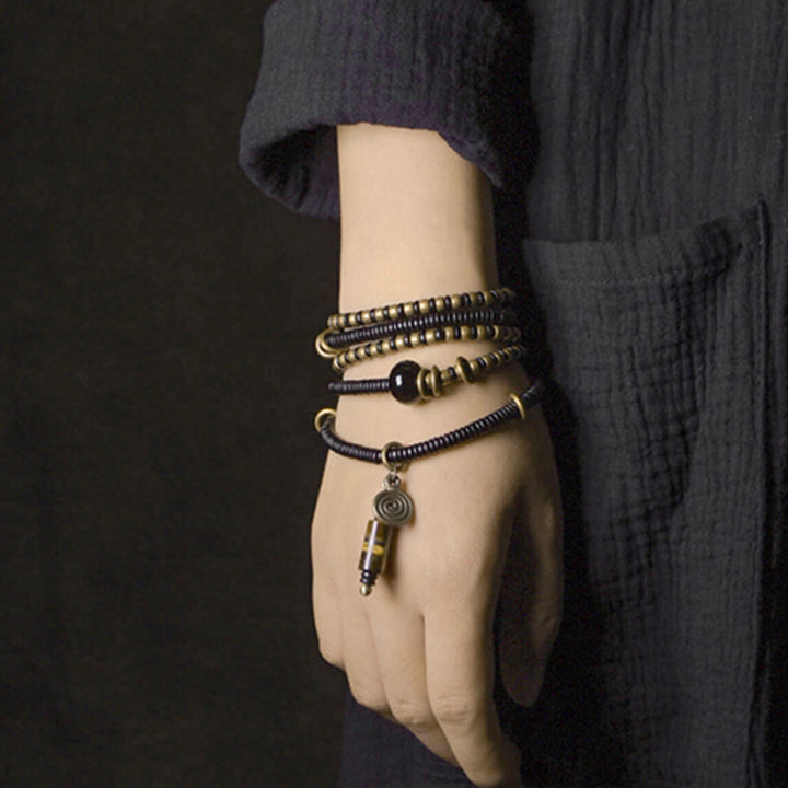 Buddha Stones Ebony Wood Dzi Bead Copper Peace Couple Bracelet Necklace Pendant - image 3