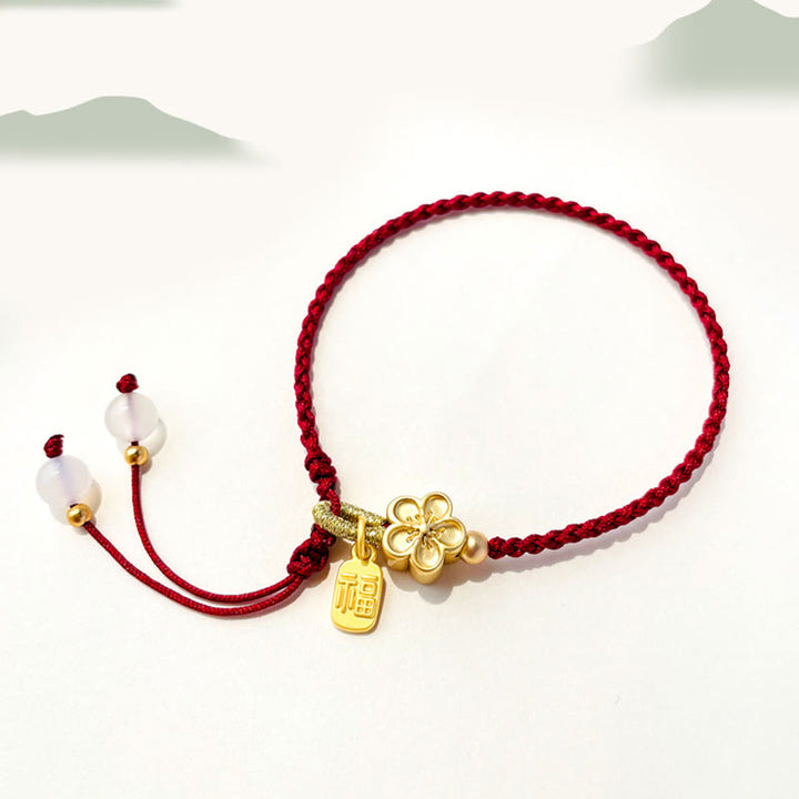 Buddha Stones Handmade Peach Blossom Rosette Bow Knot Fu Character Charm Luck Fortune Red Rope Bracelet - image 2
