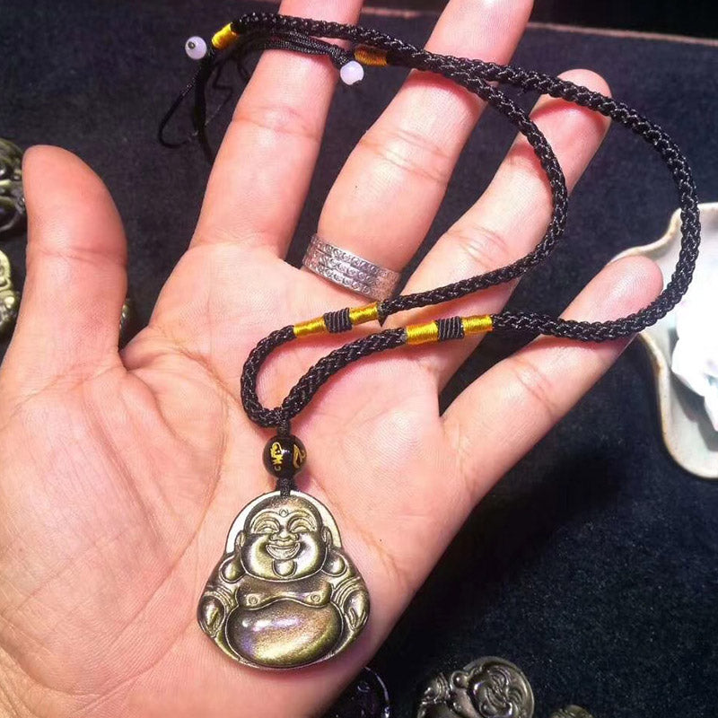 Buddha Stones Laughing Buddha Gold Sheen Obsidian Wealth Necklace Pendant - String - image 3