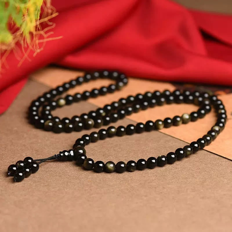 Buddha Stones 108 Mala Beads Natural Gold Sheen Obsidian Wealth Bracelet - image 3