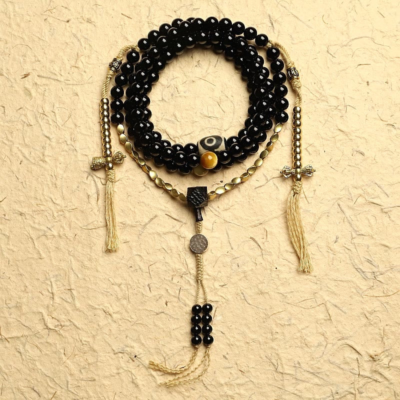 Buddha Stones Tibetan 108 Mala Beads Black Onyx Three-eyed Dzi Beads Protection Bracelet - 8mm - Black Onyx&Copper - image 0