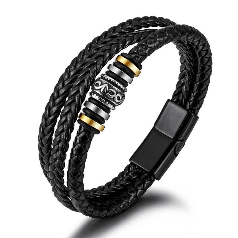 Buddha Stones Leather Layered Titanium Steel Balance Braided Bracelet - Black - image 0