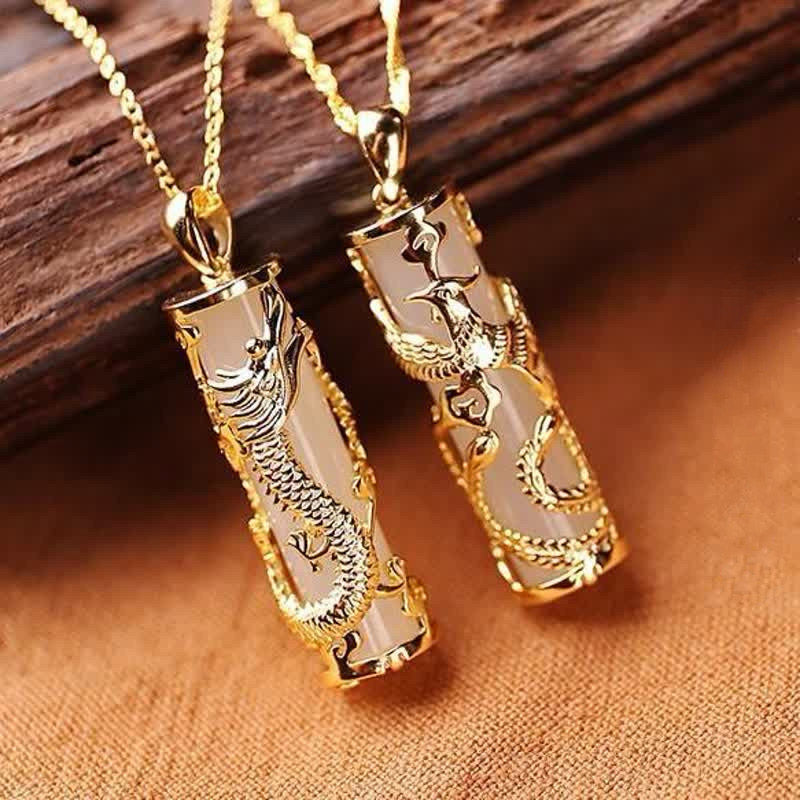 Buddha Stones Jade Dragon Phoenix Copper Blessing Harmony Necklace Pendant - image 5