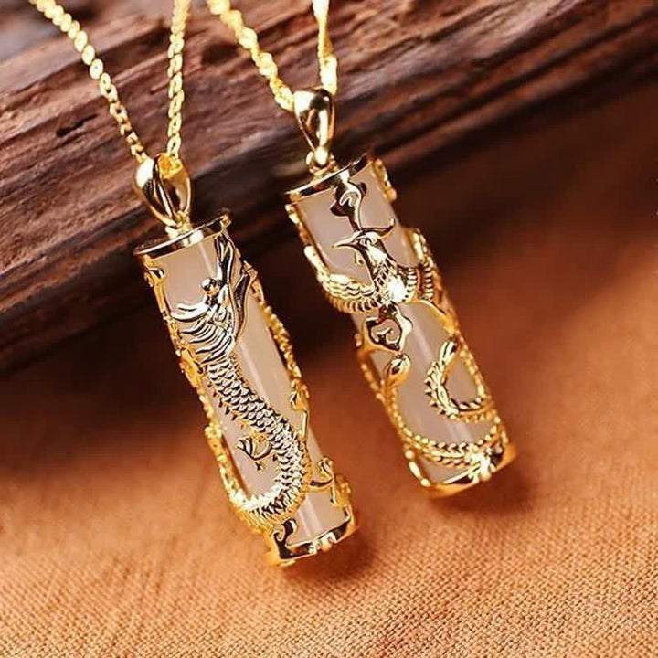 Buddha Stones Jade Dragon Phoenix Copper Blessing Harmony Necklace Pendant - image 5