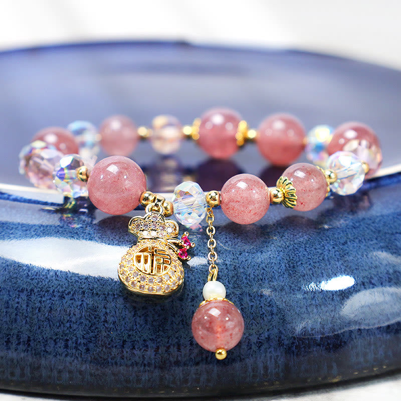 Buddha Stones Natural Strawberry Quartz Crystal Money Bag Charm Positive Bracelet - image 1