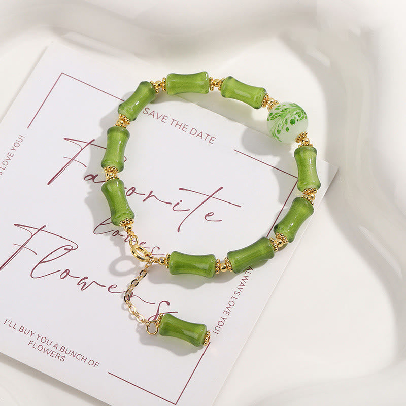 Buddha Stones Green Bamboo Pattern Liuli Crystal Moss Agate Wealth Chain Bracelet - image 2