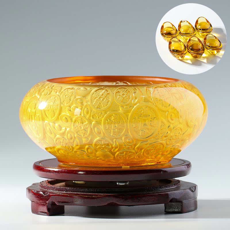 Buddha Stones Handmade Liuli Crystal Treasure Bowl Ingots Art Piece Home Decoration - Gold - image 12