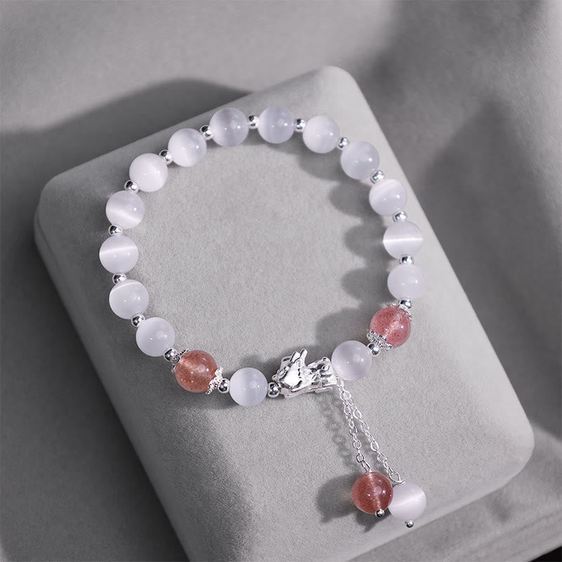 Buddha Stones Natural Cat's Eye Moonstone Strawberry Quartz PiXiu Support Bracelet - image 9