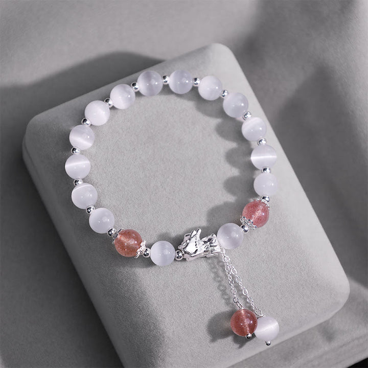 Buddha Stones Natural Cat's Eye Moonstone Strawberry Quartz PiXiu Support Bracelet - image 9