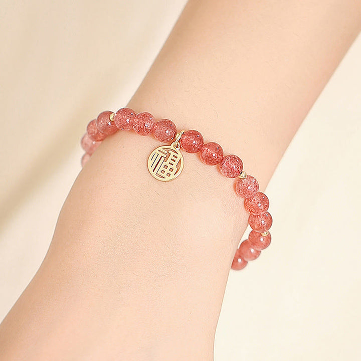 Buddha Stones 14K Gold Plated Strawberry Quartz Fu Character Healing Charm Bracelet - image 2