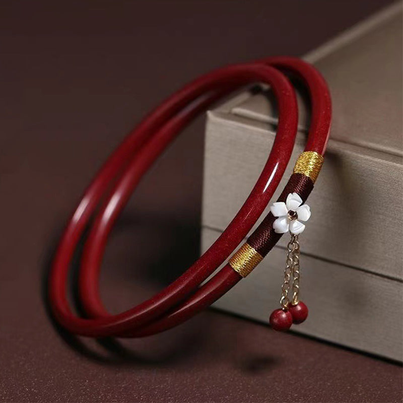 Buddha Stones 2Pcs Cinnabar Flower Blessing Bangle Charm Bracelet - Cinnabar(Inner Diameter 58mm) - image 0