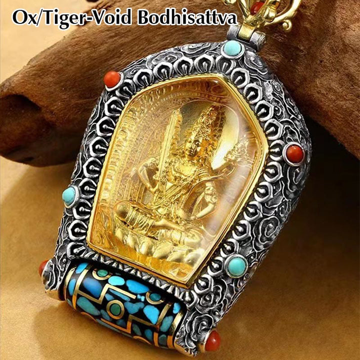 Buddha Stones Tibet Chinese Zodiac Natal Buddha Thangka Prosperity Rotatable Dzi Bead Necklace Pendant - Ox/Tiger-Void Bodhisattva - image 4