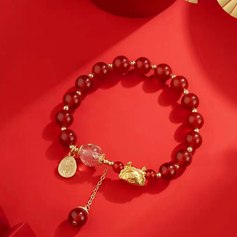 Buddha Stones Year of the Dragon Dumpling Natural Red Agate Garnet Hetian Jade Fu Character Luck Success Bracelet - image 2