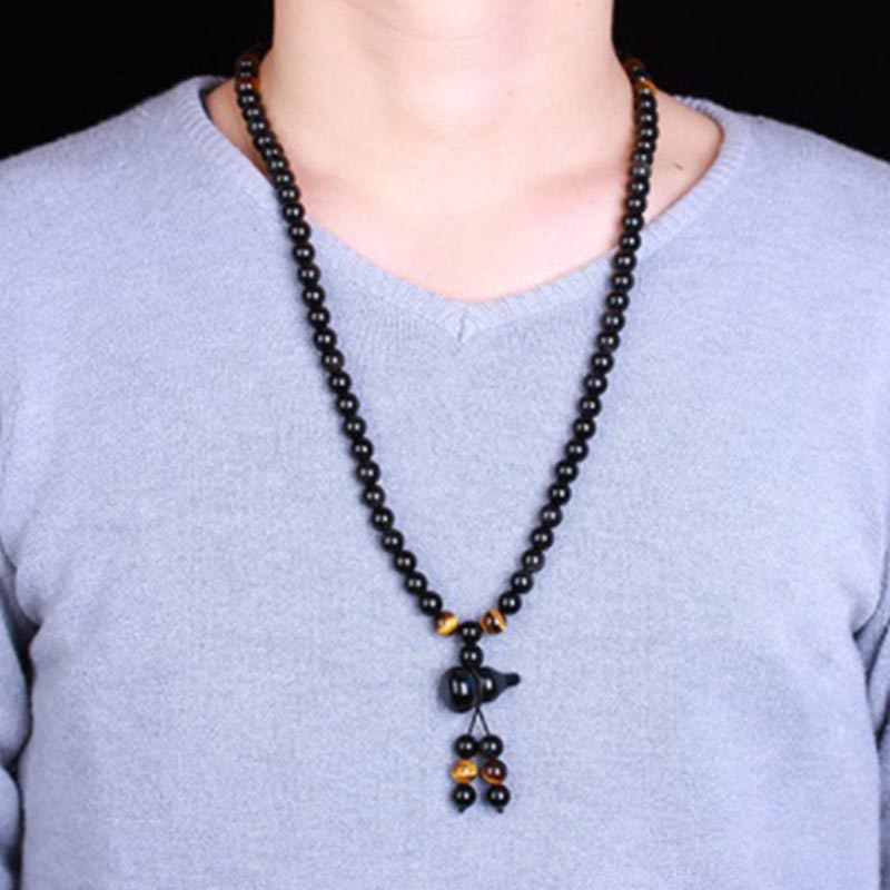 Buddha Stones Natural Black Obsidian Rainbow Obsidian Gourd Blessing Bracelet Mala - image 2