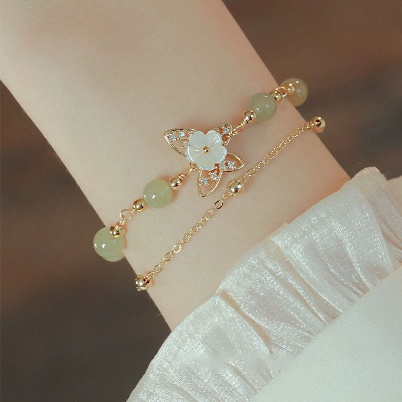 Buddha Stones 14K Gold Plated Jade Butterfly Tridacna Stone Flower Double Layer Luck Bracelet - Butterfly Jade - image 0