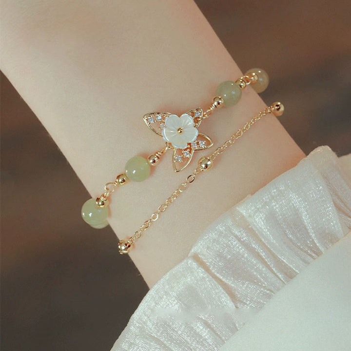 Buddha Stones 14K Gold Plated Jade Butterfly Tridacna Stone Flower Double Layer Luck Bracelet - Butterfly Jade - image 0