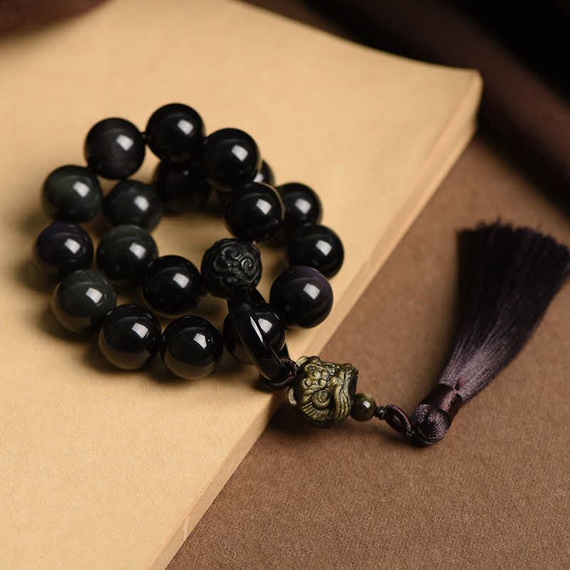 Buddha Stones Natural Black Obsidian Lion Wrist Mala Protection Tassels Pocket Mala Car Decoration - image 3