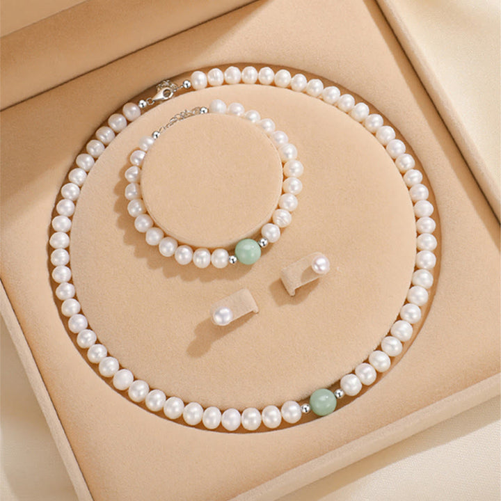 Buddha Stones 925 Sterling Silver Natural Pearl Jade Healing Necklace Bracelet Earrings With Gift Box - Pearl Set(Necklace Bracelet Earrings) - image 0