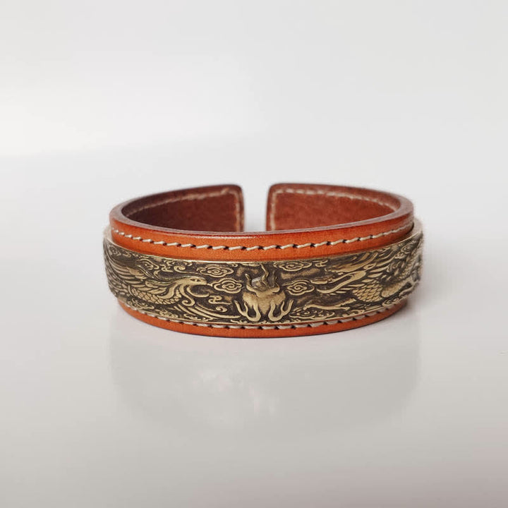 Buddha Stones 2Pcs Om Mani Padme Hum Dragon Phoenix Copper Leather Peace Cuff Bracelet Bangle - Dragon&Phoenix - image 3