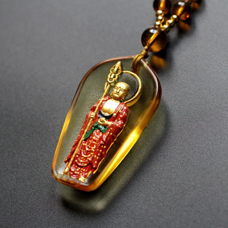 Buddha Stones Ksitigarbha Buddha Liuli Crystal Compassion Amulet Necklace Pendant - Yellow Standing Ksitigarbha - image 0