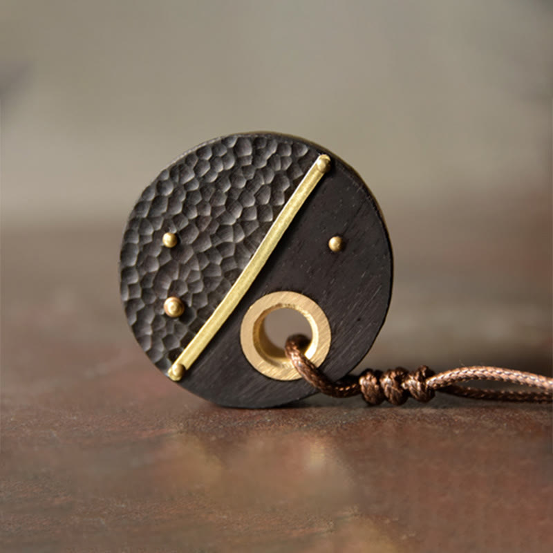 Buddha Stones Handcrafted Round Ebony Wood Brass Copper Peace Necklace Pendant - image 5