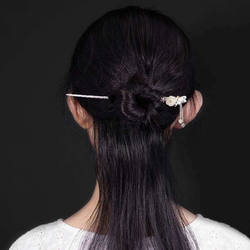 Buddha Stones 925 Sterling Silver Hetian White Jade Flower Blessing Hairpin - image 3