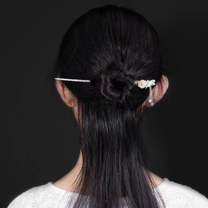 Buddha Stones 925 Sterling Silver Hetian White Jade Flower Blessing Hairpin - image 3
