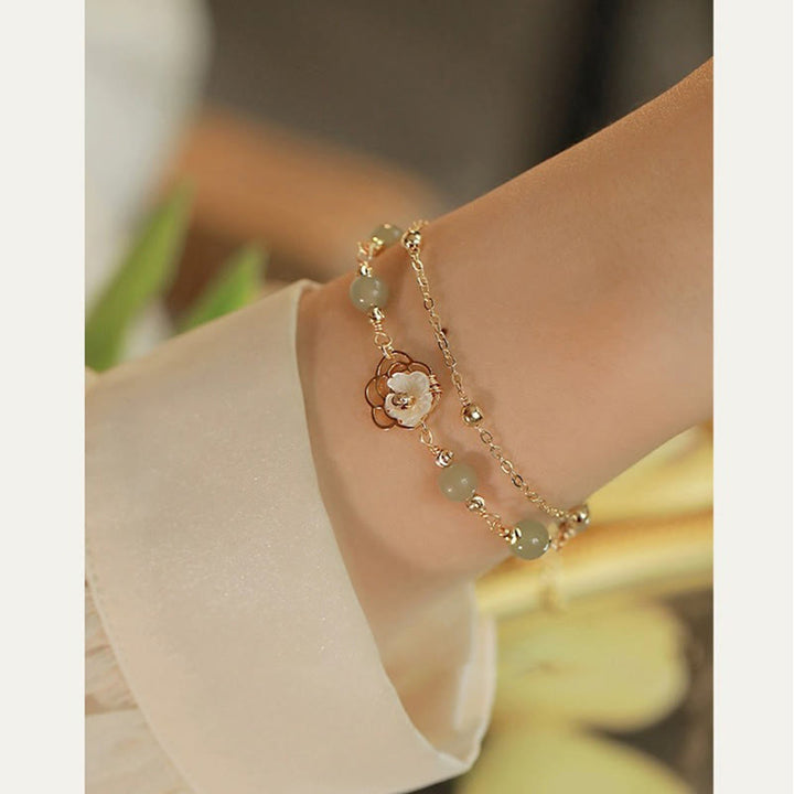 Buddha Stones 14K Gold Plated Jade Butterfly Tridacna Stone Flower Double Layer Luck Bracelet - image 8
