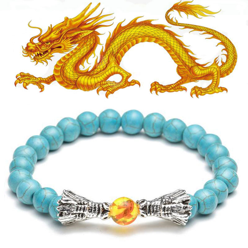 Buddha Stones White Turquoise Lava Rock Dragon Blessing Beaded Bracelet - Turquoise - image 26