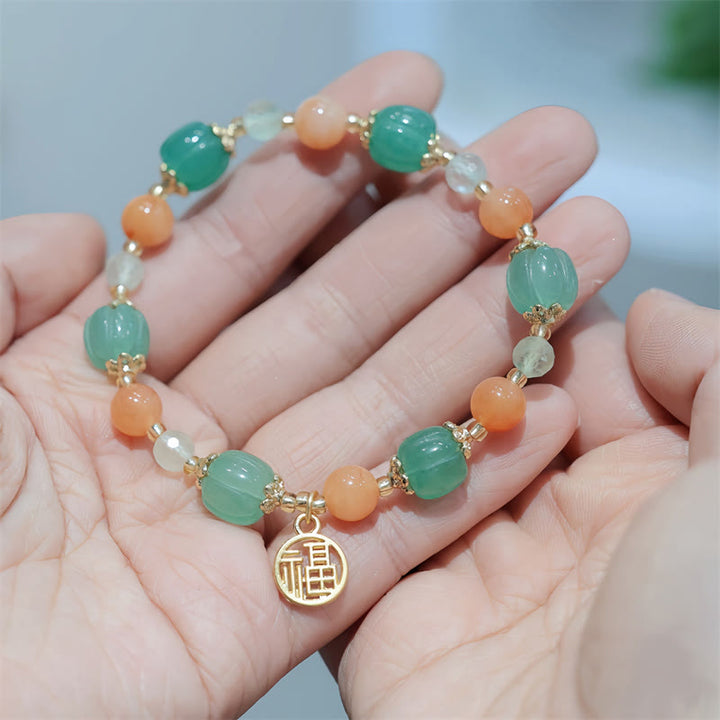 Buddha Stones Natural Golden Silk Jade Pumpkin Bead Fu Character Charm Wealth Bracelet - Golden Silk Jade(Ward off evil spirits♥Wealth)(Wrist Circumference 14-16cm) - image 0