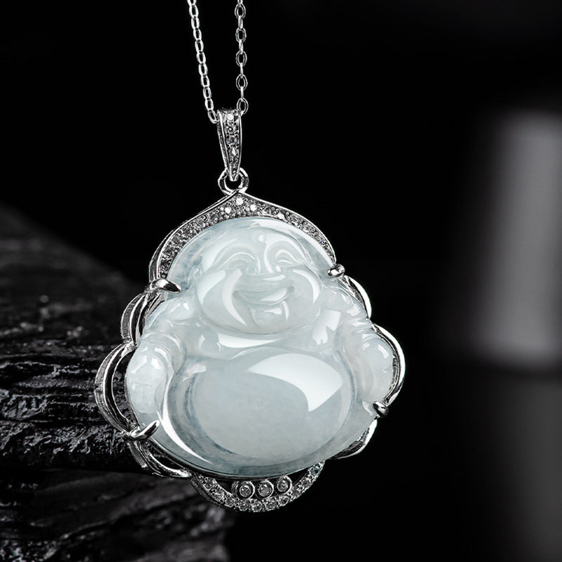 Buddha Stones Laughing Buddha Natural Jade Abundance Titanium Steel Chain Necklace Pendant - image 1