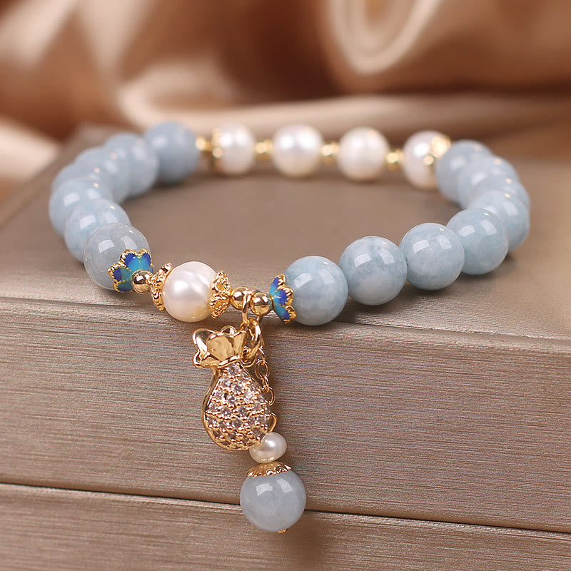 Buddha Stones Aquamarine Pearl Fortune Money Bag Charm Bracelet - image 2