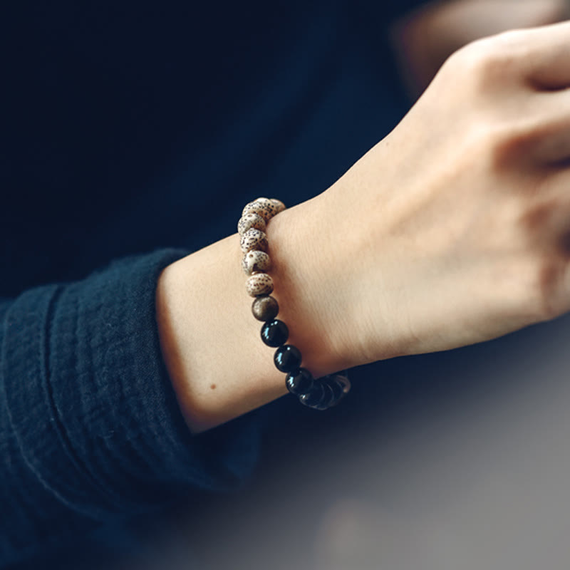 Buddha Stones Tibetan Bodhi Seed Black Obsidian Ebony Wood Copper Peace Bracelet - image 4