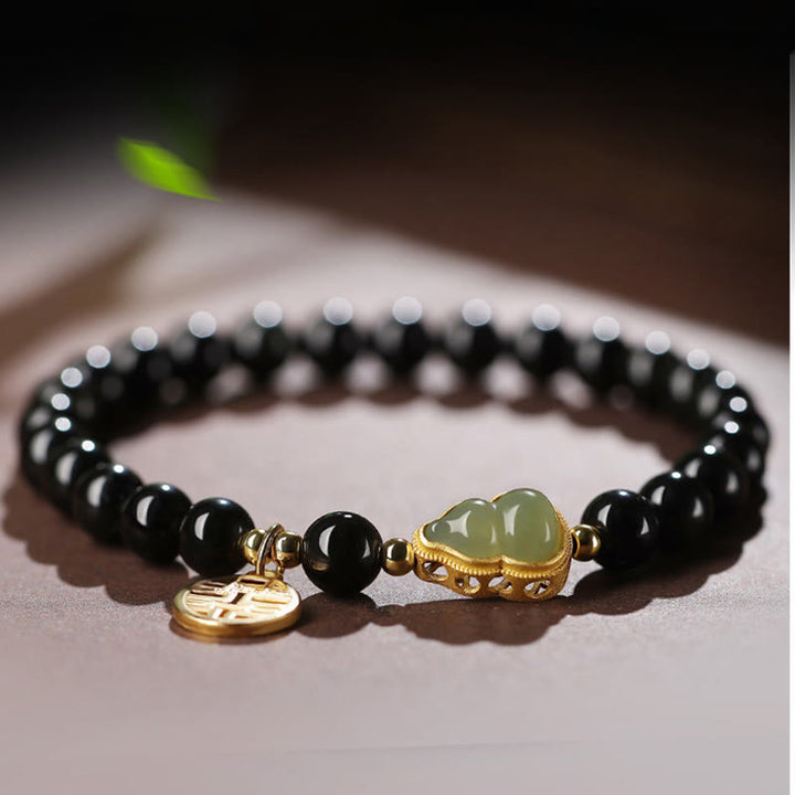 Buddha Stones Natural Black Obsidian Hetian Jade Gourd Double Happiness Strength Bracelet - image 3