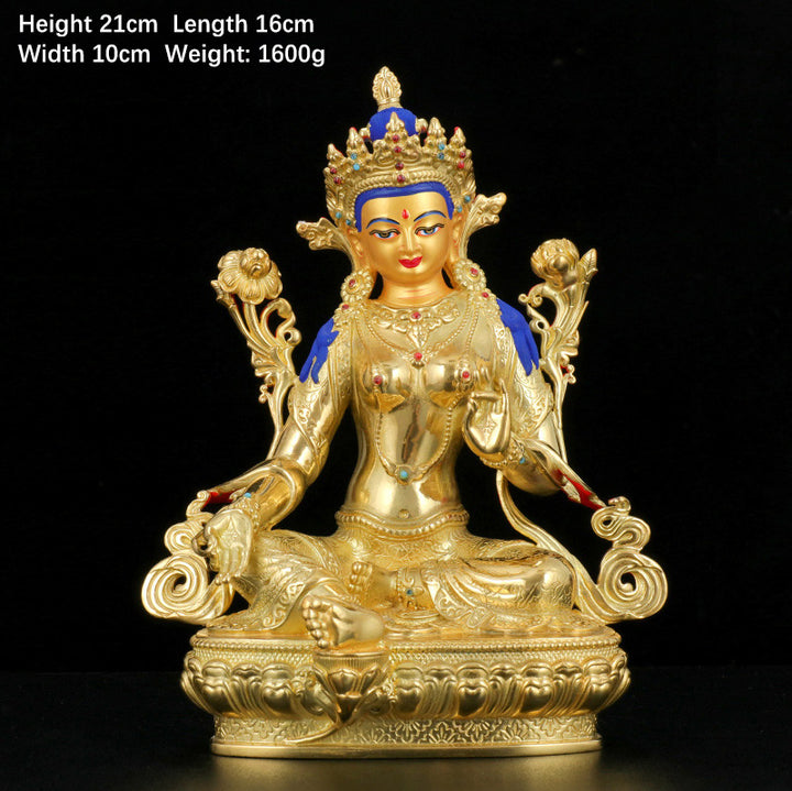 Buddha Stones Bodhisattva Green Tara Protection Copper Gold Plated Statue Decoration - 7 Inch - image 5