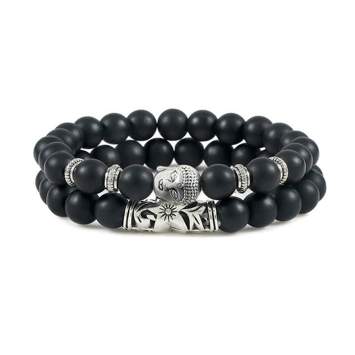 Buddha Stones 2Pcs Natural Crystal Agate Buddha Protection Bracelet - Frosted Stone - image 3