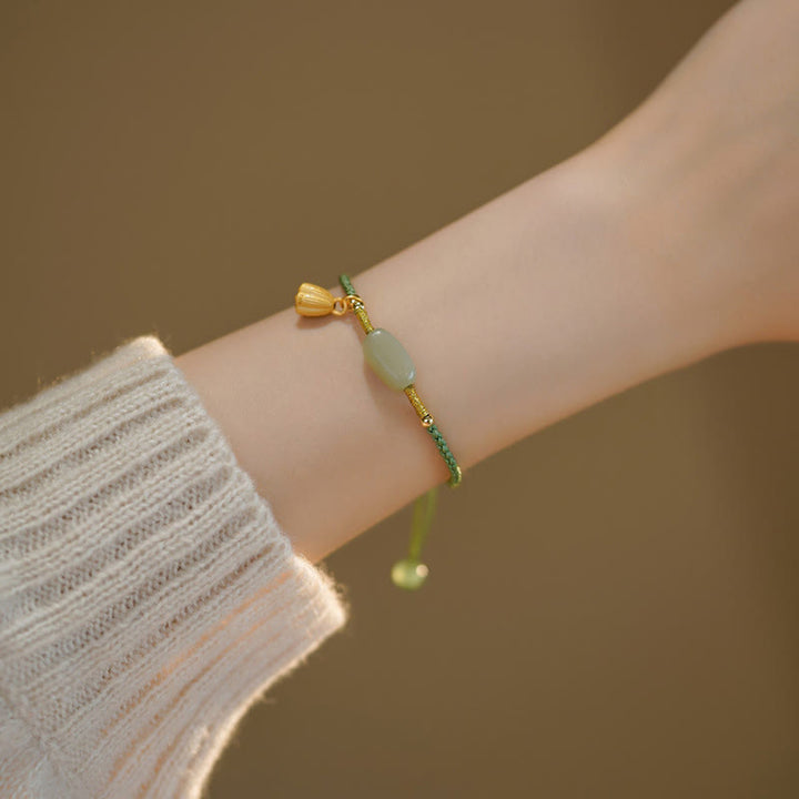 Buddha Stones Lotus Jade Peace Buckle Bead Luck Happiness Charm String Bracelet - Lotus Jade Bead - image 2