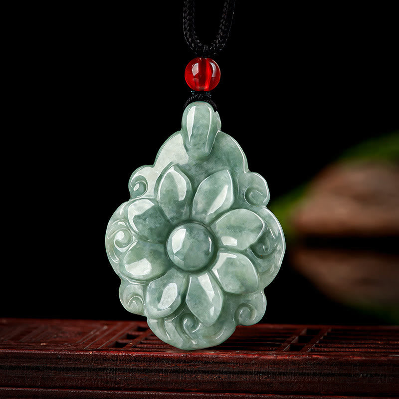 Buddha Stones Natural Jade Kalanchoe blossfeldiana Flower Pattern Luck Necklace Pendant - image 1