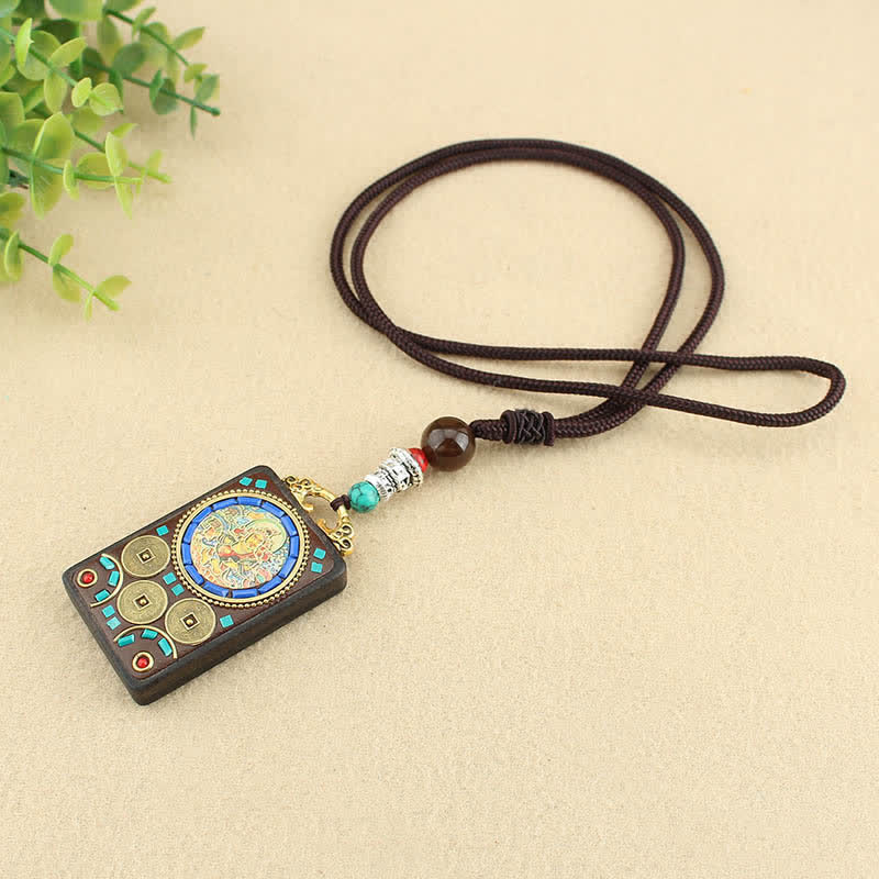 Buddha Stones Tibet God of Wealth Thangka Ebony Peace Necklace Pendant - image 5