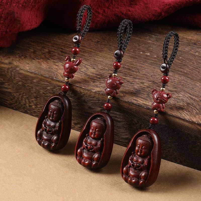 Buddha Stones Small Leaf Red Sandalwood Buddha Cinnabar Chinese Zodiac Amulet Protection Key Chain - image 0