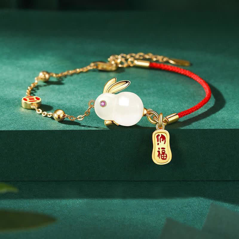 Buddha Stones Year of the Rabbit White Jade Happiness Red String Chain Bracelet - image 0