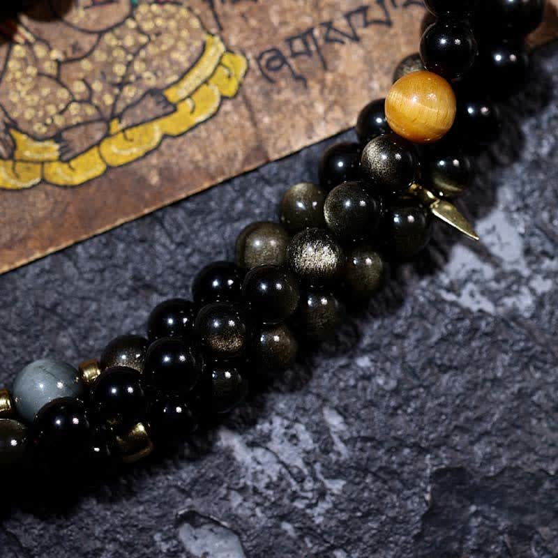 Buddha Stones 108 Mala Beads Gold Sheen Obsidian Tiger Eye Eagle's Eye Stone Wealth Bracelet - image 24