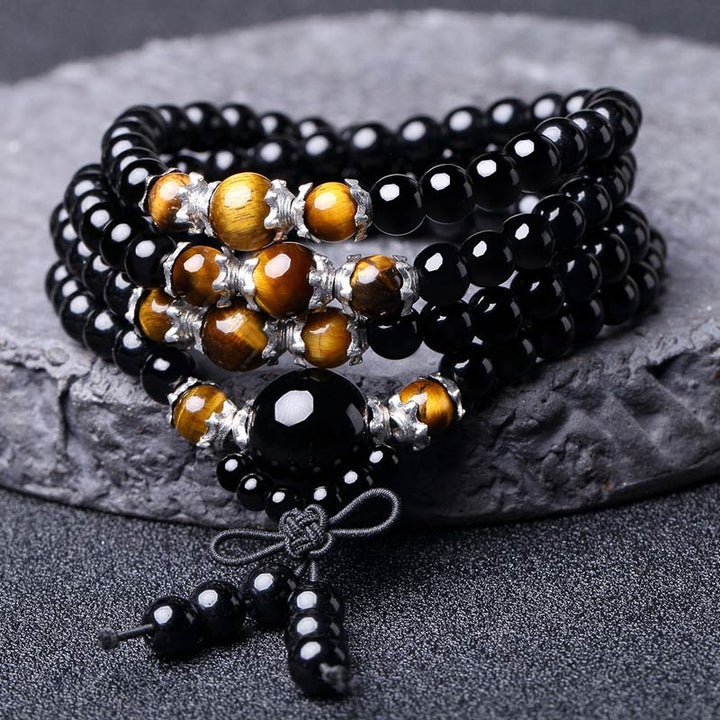 Buddha Stones 108 Beads Natural Black Obsidian Tiger Eye Mala Bracelet - image 1