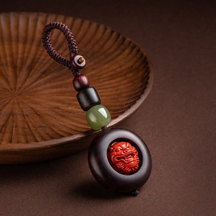 Buddha Stones Tibet Om Mani Padme Hum PiXiu Copper Coin Small Leaf Red Sandalwood Cinnabar Protection Key Chain - PiXiu - image 9