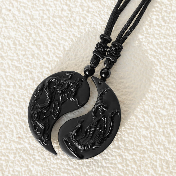 Buddha Stones Black Obsidian Yin Yang Dragon Phoenix Luck Necklace Pendant - image 5